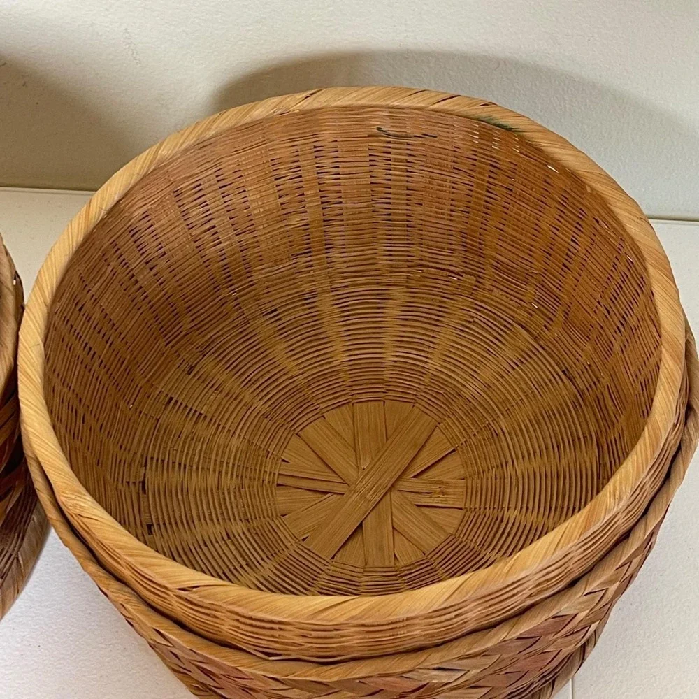 Vintage Woven Bamboo Rattan Round Storage Baskets Planters 2 Brown Boho Natural